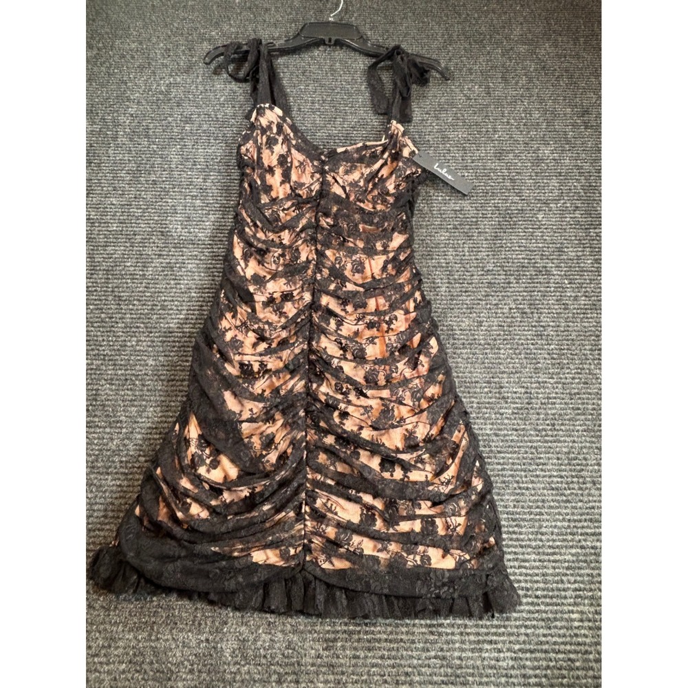Lulus Black Lace Ruched Tie Strap‎ Bodycon Dress Nude Lining STD910014 Womens L